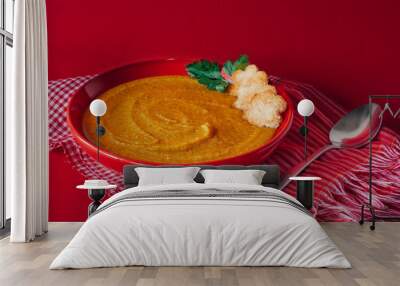 Delicious lentil cream-soup on table.  Homemade soup. Wall mural