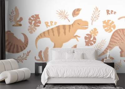 Cartoon dinosaurs seamless horizontal pattern with cute dinosaurs and plants isolated on white background. Vector illustration for print, wrapping paper, banner, wallpaper, nursery decoration, card Wall mural