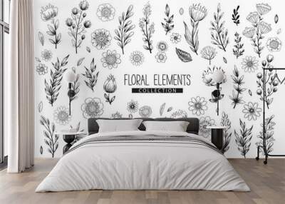 Vector floral elements collection with hand drawn flowers, leaves branches and herbs isolated on white background. Vintage botanical illustration for print, fabric, wallpaper, card Wall mural