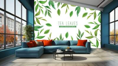 Watercolor Illustration with hand drawn tea leaves and branches isolated on white background. Botanical background design for card, poster, print, packaging Wall mural