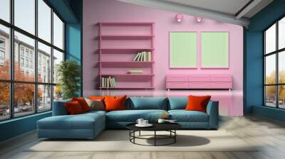 Modern interior in pink colors with empty blank posters. Living space of a girl or kids room - a shelf with books, lamps, cabinet over the shiny reflective surface. 3d illustration. Wall mural