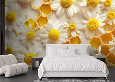 honeycomb with honey and daisies on a white background Wall mural