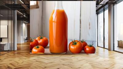 Glass containers with tomato juice  with fresh herbs Wall mural