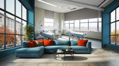 Illustration hospital interior in recovery or inpatient room with bed and amenities Wall mural