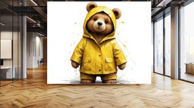 Teddy bear in a yellow raincoat on a white background Wall mural