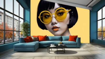 Young asian woman with short black hair wearing yellow sunglasses on bright yellow background. Retro style Wall mural