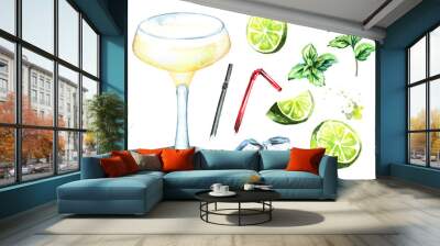 Alcohol cocktail Daiquiri with lime, mint and ice cubes set. Watercolor hand drawn illustration isolated on white background Wall mural