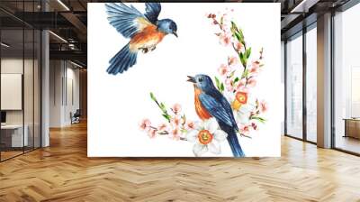 Birds  and cherry blossom branch. Spring card concept. Watercolor hand drawn illustration, isolated on the white background Wall mural