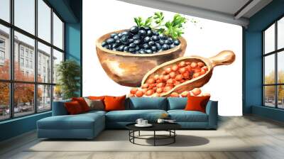 Black lentil Beluga and red lentil. Hand drawn watercolor illustration  isolated on white background Wall mural