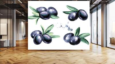 Black sweet olives set isolated on white background. Watercolor hand drawn illustration Wall mural