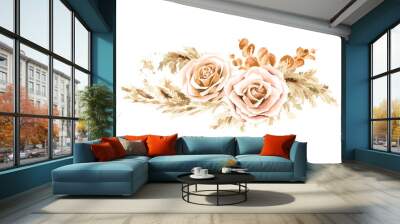 Boho composition of dried rose flowers and pampas grass. Hand drawn watercolor illustration isolated on white background Wall mural