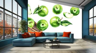 Bowl with green apples. Hand drawn horizontal watercolor illustration Wall mural