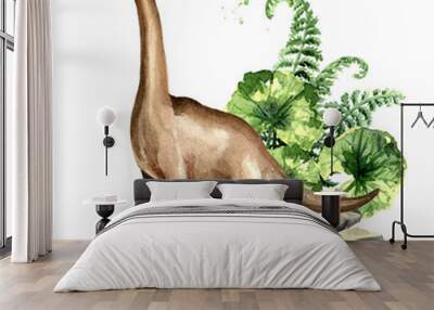 Brachiosaurus dinosaur with prehistorical plants. Watercolor hand drawn illustration, isolated on white background Wall mural