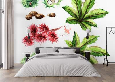 Castor oil plant, Ricinus communis. Brunch with green beans, flowers and leaves set. Watercolor hand drawn illustration, isolated on white background Wall mural