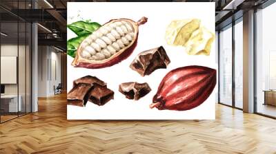 Chocolate pieces and Cocoa pods set. Superfood. Watercolor hand drawn illustration, isolated on white background Wall mural