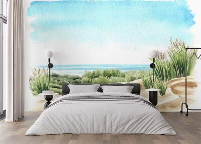 Coastal dune, sea grass, beach on the background of the sea and sky with copy space. Hand drawn watercolor illustration isolated on white background Wall mural