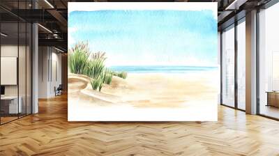 Coastal dune, sea grass, beach on the background of the sea with copy space. Hand drawn watercolor illustration,  isolated on white background Wall mural