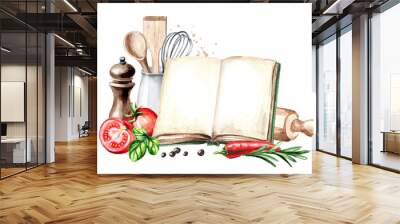 Cookig concept template. Open cookbook with copy space and vegetables with kitchen utensils. Watercolor hand drawn illustration, isolated on white background Wall mural