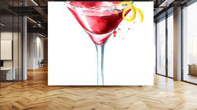 Cosmopolitan cocktail with lemon zest. Watercolor hand drawn illustration isolated on white background Wall mural