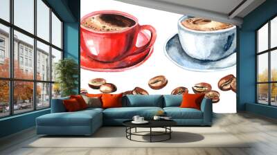 Cup of coffee and coffee beans set. Watercolor hand drawn illustration, isolated on white background Wall mural