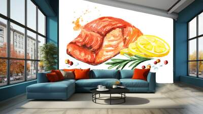 Delicious grilled salmon fish fillet with lemon, rosemary and spicies. Watercolor hand drawn illustration, isolated on white background Wall mural