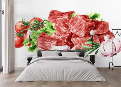 Diced raw red beef meat, food concepts. Hand drawn watercolor illustration isolated on white background Wall mural