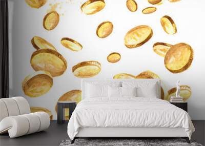 Falling gold coins, golden rain,  falling money. Jackpot or success concept. Watercolor hand drawn illustration  isolated on white background Wall mural