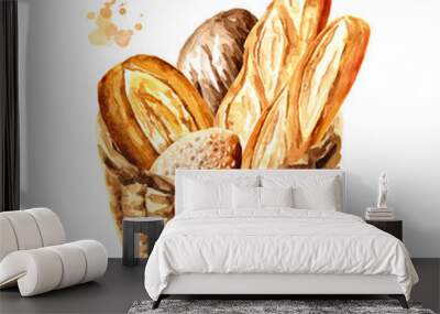 Fresh bread in the basket. Hand drawn watercolor, illustration isolated on white background Wall mural