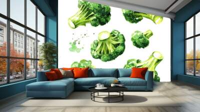 Fresh broccoli blocks for cooking set. Hand drawn watercolor illustration, isolated on white background Wall mural