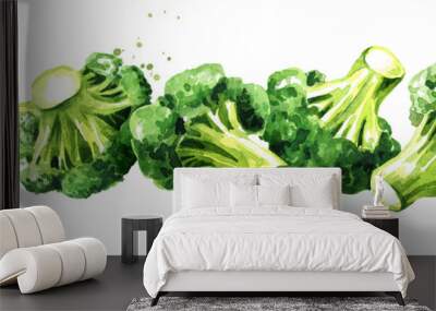 Fresh broccoli. Hand drawn horizontal watercolor illustration, isolated on white background Wall mural