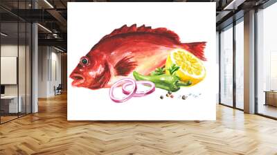 Fresh fish Red sea perch (or bigeye fish),  seafood. Hand drawn watercolor illustration, isolated on white background Wall mural