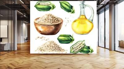 Fresh Sesame pods, seeds and bottle with oil set. Watercolor hand drawn illustration isolated on white background Wall mural