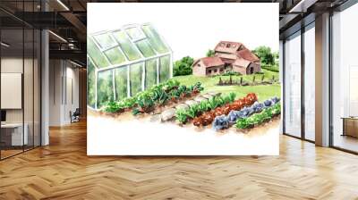 Garden greenhouse and vegetable beds. Spring work on the fafm. Hand drawn watercolor illustration isolated on white background Wall mural