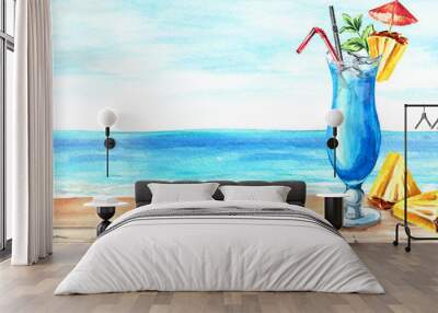 Glass of Blue Lagoon cocktail with decor on the background of the sea. Summer drink. Background with empty space for your text. Watercolor hand drawn illustration Wall mural