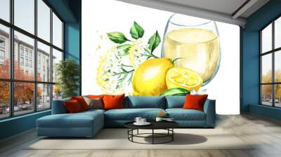 Glass of Homemade elderflower syrup, summer drink, with elder flower and lemon. Watercolor hand drawn illustration, isolated on white background Wall mural