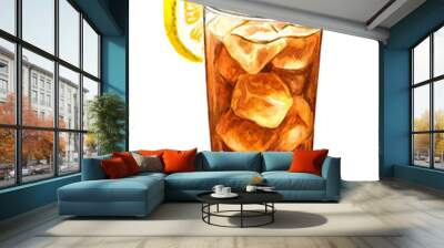 Glass of ice tea with slice of lemon. Watercolor hand drawn illustration isolated on white background Wall mural