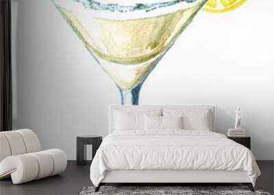 Glass of Martini cocktail with lemon slice. Watercolor hand drawn illustration isolated on white background Wall mural