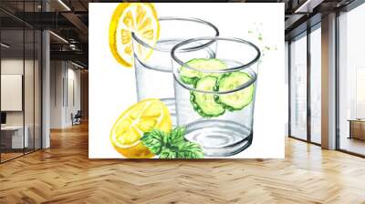 Glass of purified drinking water with fresh lemon and with cucumber slices. Hand drawn watercolor illustration isolated on white background Wall mural