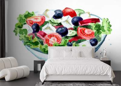 greek salad with fresh vegetables and feta cheese. watercolor hand drawn illustration, isolated on w Wall mural