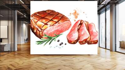 Grilled sliced beef steak with spices. Watercolor hand drawn illustration, isolated on white background Wall mural