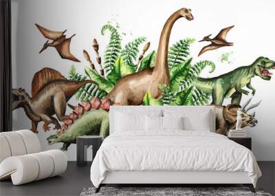 Group of dinosaurs with prehistoric plants. Watercolor hand drawn illustration isolated on white background Wall mural