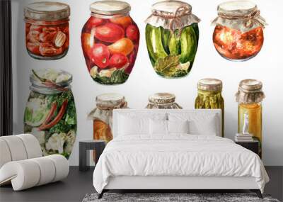 Homemade canned vegetables set,  Watercolor hand drawn illustration, isolated on white background Wall mural