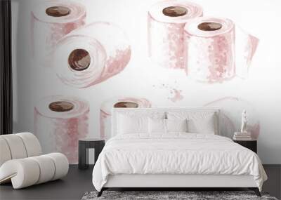 Hygienic Toilet paper set. Hand drawn watercolor illustration, isolated on white background Wall mural