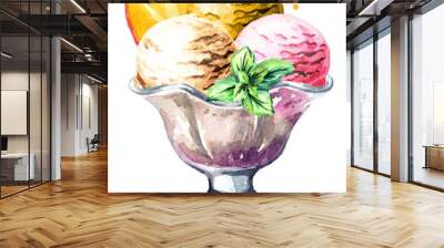 Ice cream with fruits and mint in the bowl. Watercolor hand drawn illustration, isolated on white background Wall mural