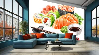 Japanese Sushi set. Hand drawn watercolor illustration isolated  on white background Wall mural