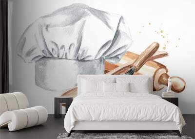 Kitchen pastry concept with chefs hat, rolling pin and wire whisk. Hand drawn watercolor illustration isolated on white background Wall mural