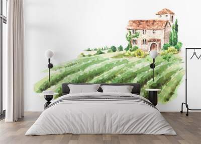 Landscape with vineyard  and Tuscan Chateau. Hand drawn watercolor illustration  isolated on white background Wall mural