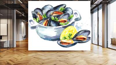 Mussels with herbs in a bowl with lemon, seafood, Watercolor hand drawn illustration isolated on white background Wall mural