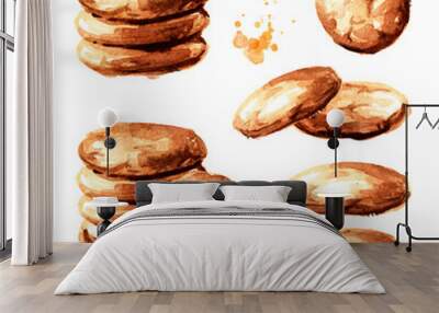 Oat cookies set. Watercolor hand drawn illustration  isolated on white background Wall mural