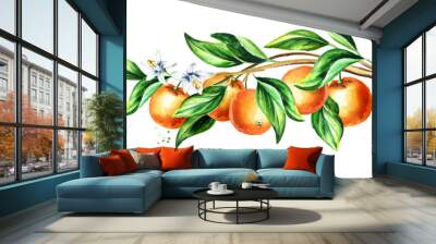 Orange  branch with fruit and leaves.  Watercolor hand drawn horizontal illustration Wall mural